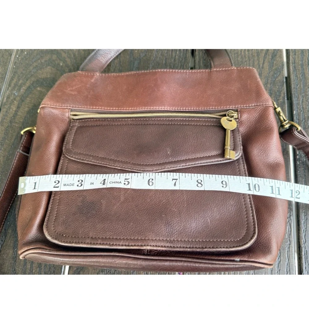 Vintage Y2K Fossil 1954 Brown Leather Crossbody Satchel Key Charm Purse Granny